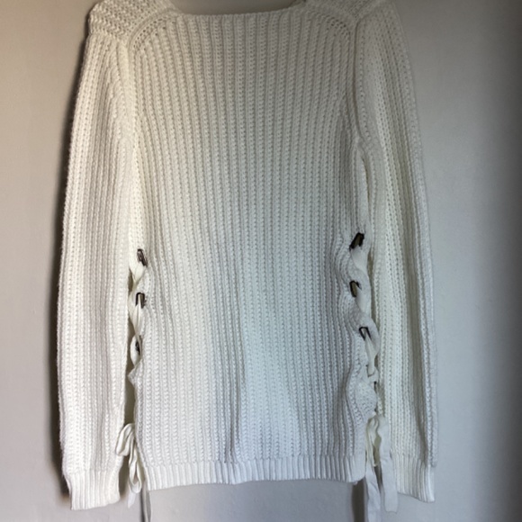 Venus Chunky Knit Sweater Vneck Tie Sides Lace Up Small Ivory 100% Acrylic  Wome - Picture 4 of 10